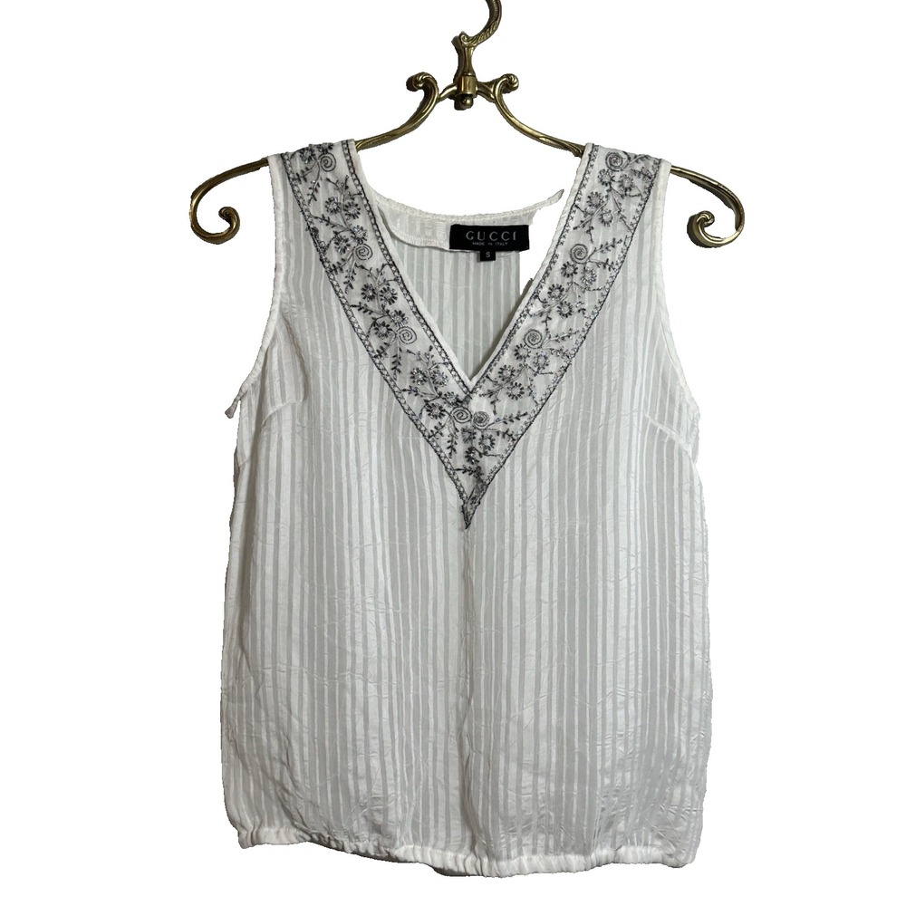 Gucci Womans‎ Semi Sheer Silk Blend Ivory Beaded V Neck Tank Small Italy